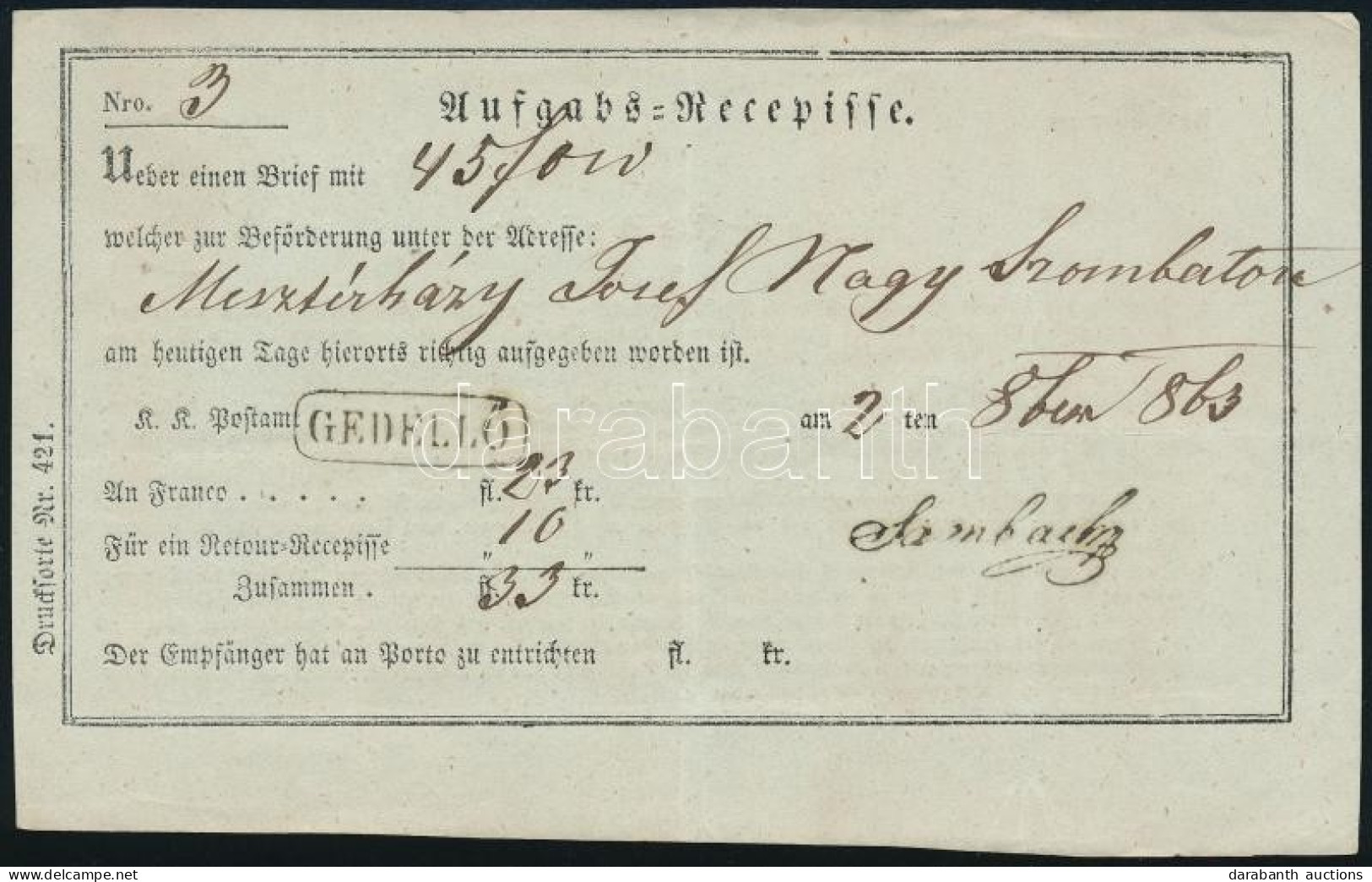 1863 Postai Feladóvevény Nagyszombat - "GEDELLŐ" Ellipszis Bélyegzővel - Other & Unclassified