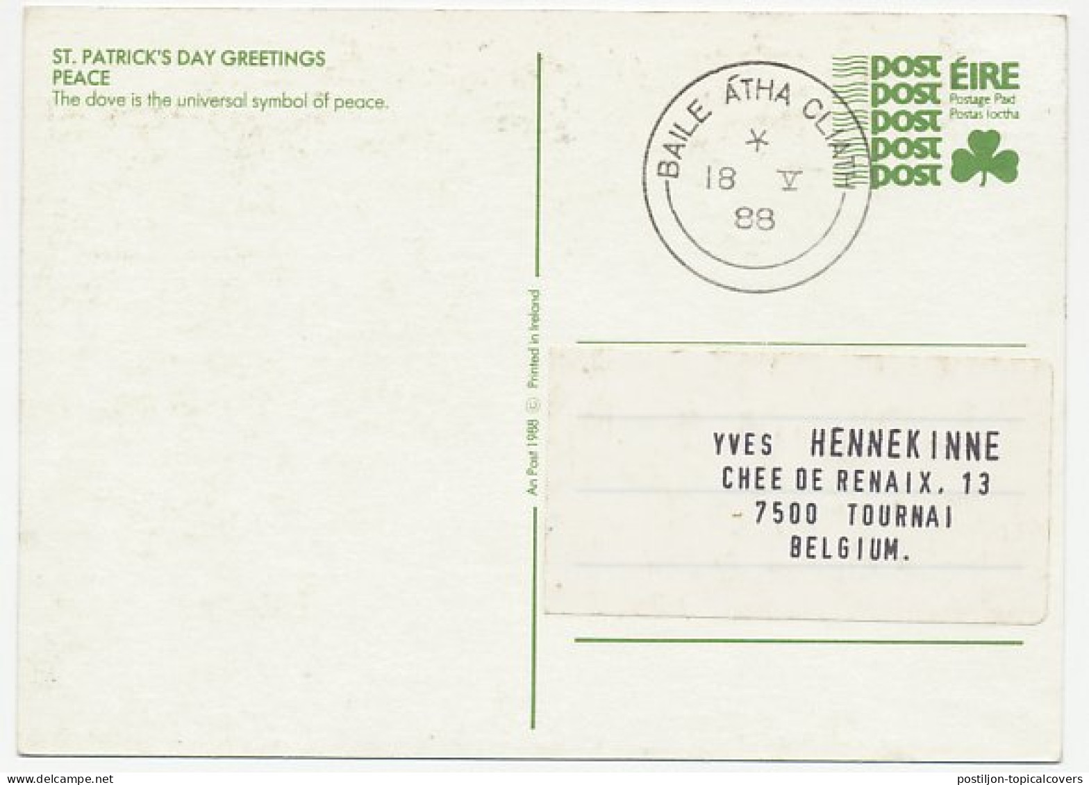 Postal Stationery Ireland 1988 Peace - St. Patrick S Day - Sonstige & Ohne Zuordnung