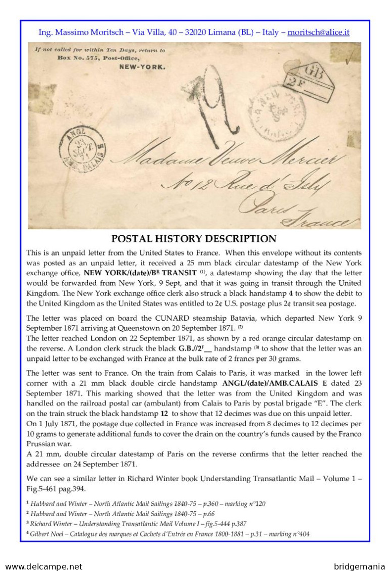 MTM112 - 1871 TRANSATLANTIC LETTER USA TO FRANCE Steamer BATAVIA - UNPAID - Storia Postale