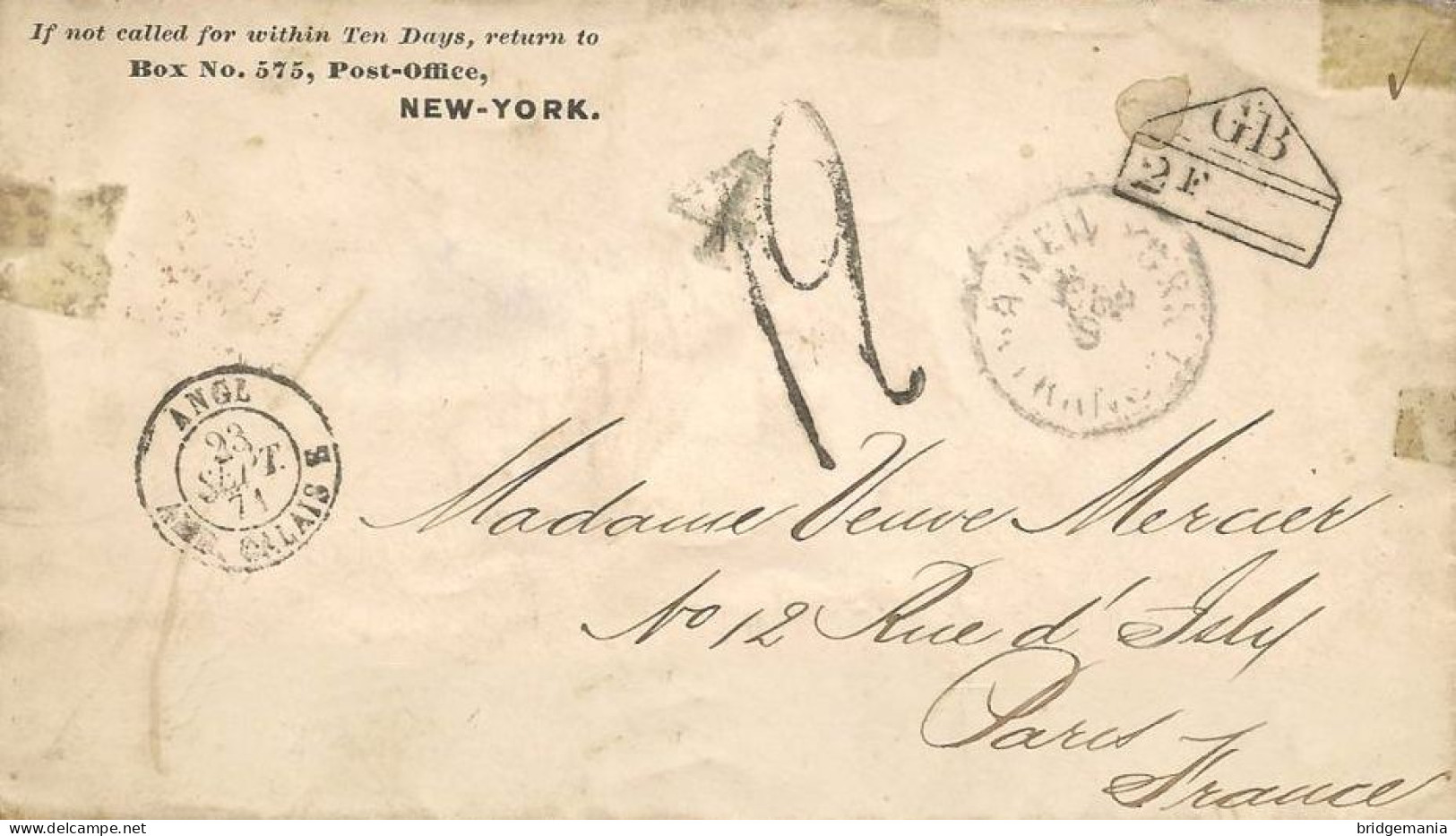 MTM112 - 1871 TRANSATLANTIC LETTER USA TO FRANCE Steamer BATAVIA - UNPAID - Marcophilie