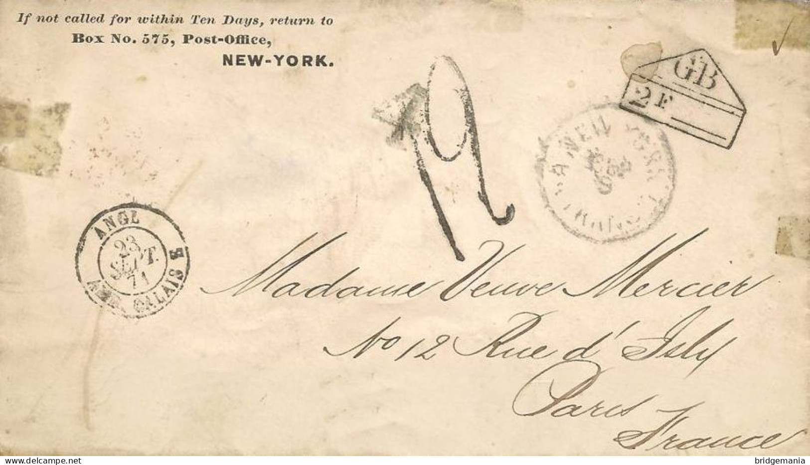 MTM112 - 1871 TRANSATLANTIC LETTER USA TO FRANCE Steamer BATAVIA - UNPAID - Storia Postale