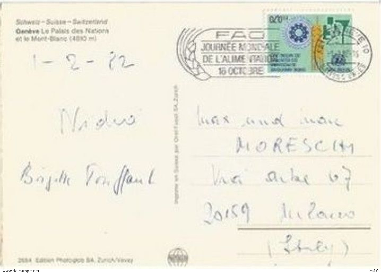 Suisse United Nations Volunterers Program FS0.70 Solo Franking Pcard Geneve 1feb1982 To Italy - Service