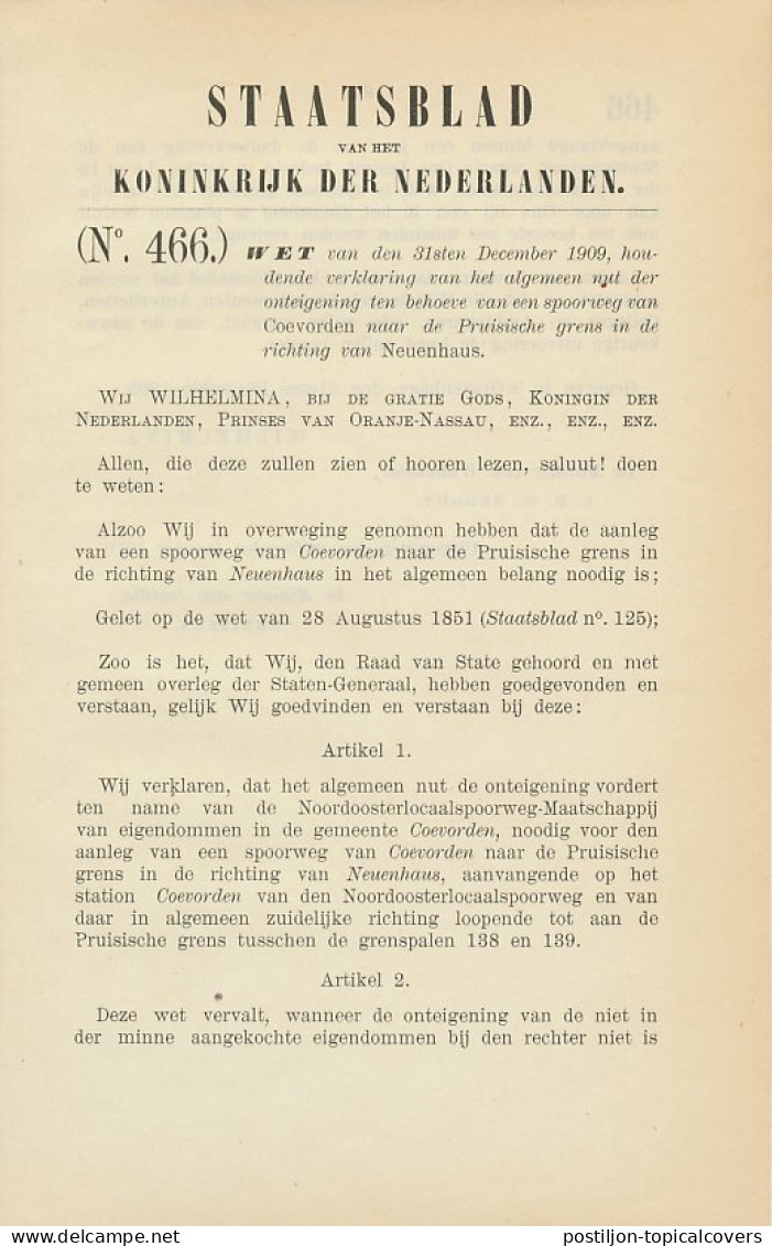 Staatsblad 1909 : Spoorlijn Coevorden - Neuenhaus  - Historische Dokumente