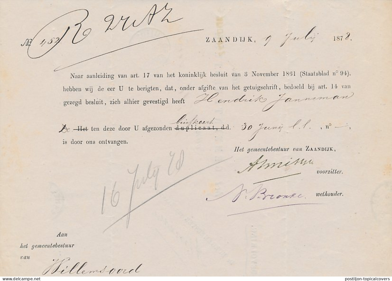 Zaandijk - Trein Kleinrondstempel Amsterdam - Uitgeest III 1878 - Covers & Documents