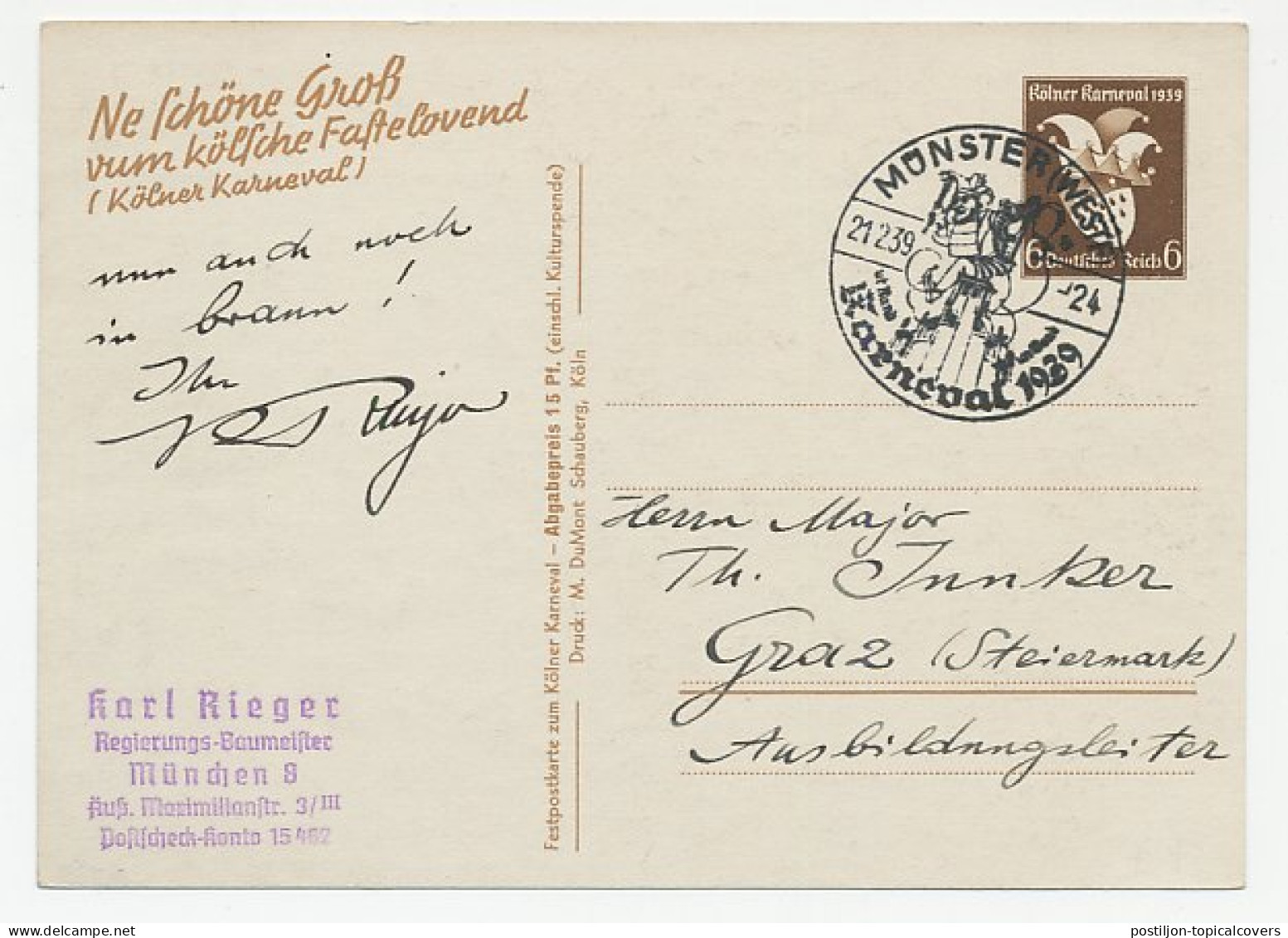 Postal Stationery Germany 1939 Carnival - Cologne - Cathedral - Karnaval