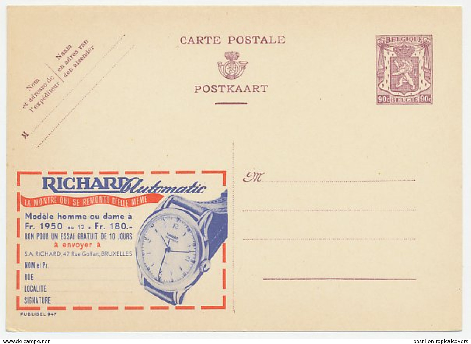 Publibel - Postal Stationery Belgium 1948 Watch - Richard - Clocks