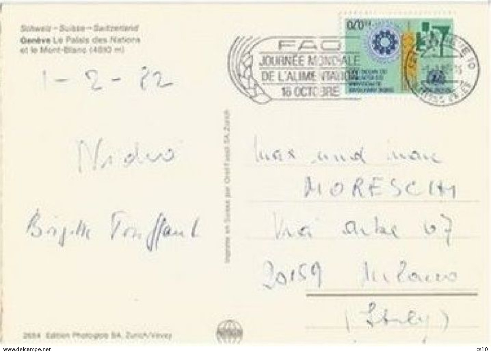 Suisse United Nations Volunterers Program FS0.70 Solo Franking Pcard Geneve 1feb1982 To Italy - Brieven En Documenten