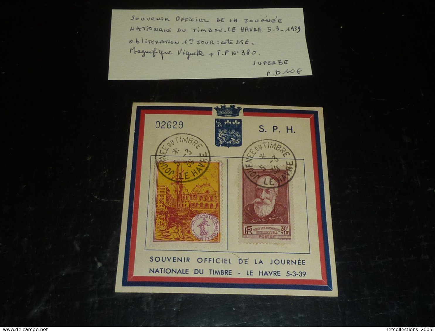SOUVENIR OFFICIEL DE LA JOURNEE NATIONALE DU TIMBRE - LE HAVRE 5-3-1939 / VIGNETTE + TIMBRE N°380 (20/09) - Briefmarkenmessen