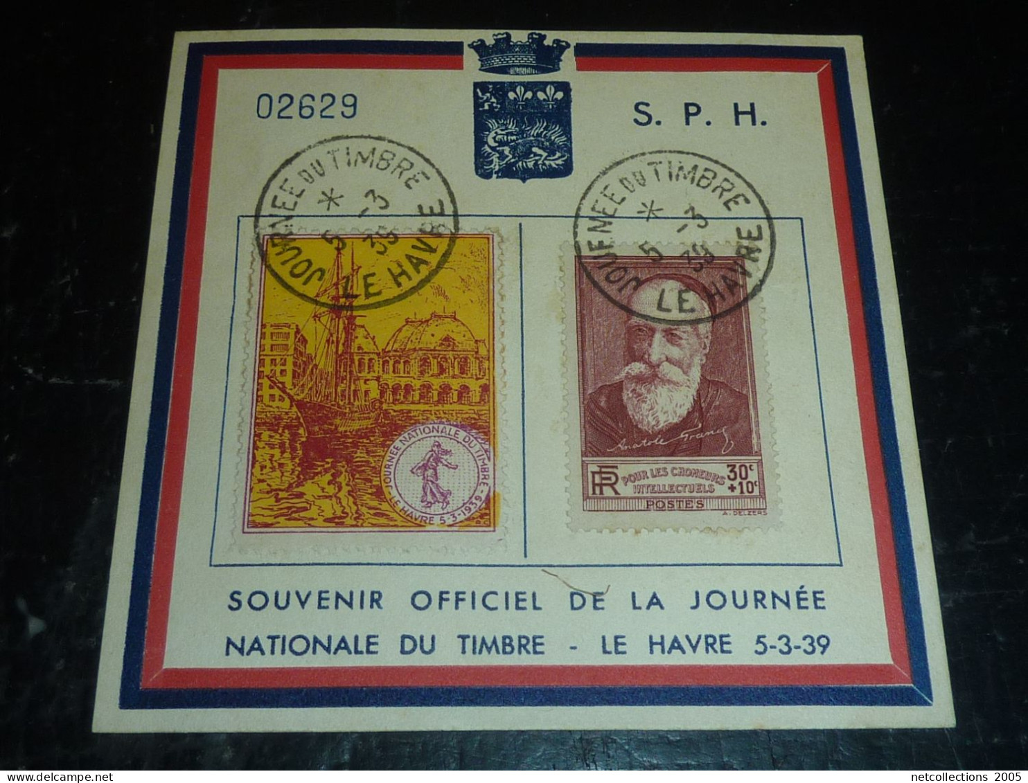 SOUVENIR OFFICIEL DE LA JOURNEE NATIONALE DU TIMBRE - LE HAVRE 5-3-1939 / VIGNETTE + TIMBRE N°380 (20/09) - Filatelistische Tentoonstellingen