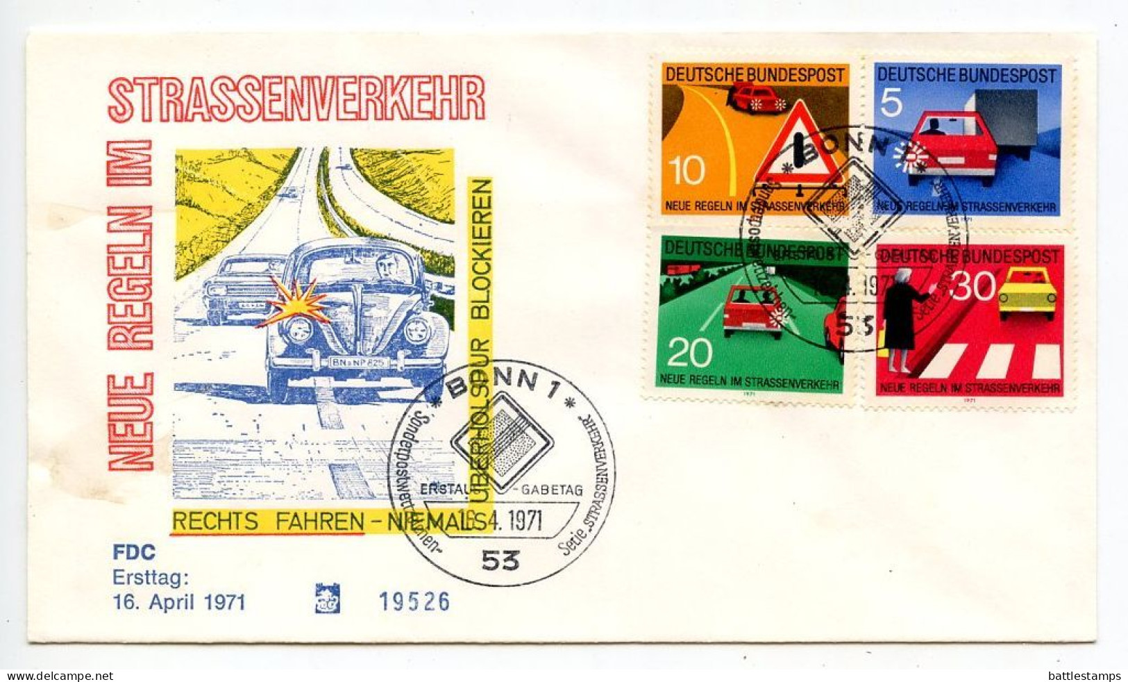 Germany, West 1971 FDC Scott 1059-1062 Traffic Signs - Signal To Pass, Warning, Drive At Right, Pedestrian Crossing - 1971-1980