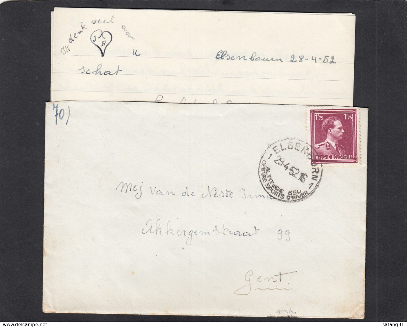 LETTRE D'ELSENBORN,AVEC CONTENU,POUR GENT,VIGNETTE AU VERSO.1952. - Cartas & Documentos
