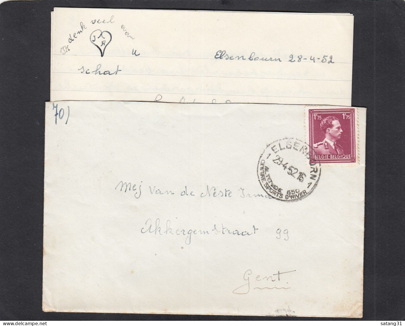 LETTRE D'ELSENBORN,AVEC CONTENU,POUR GENT,VIGNETTE AU VERSO.1952. - Briefe U. Dokumente