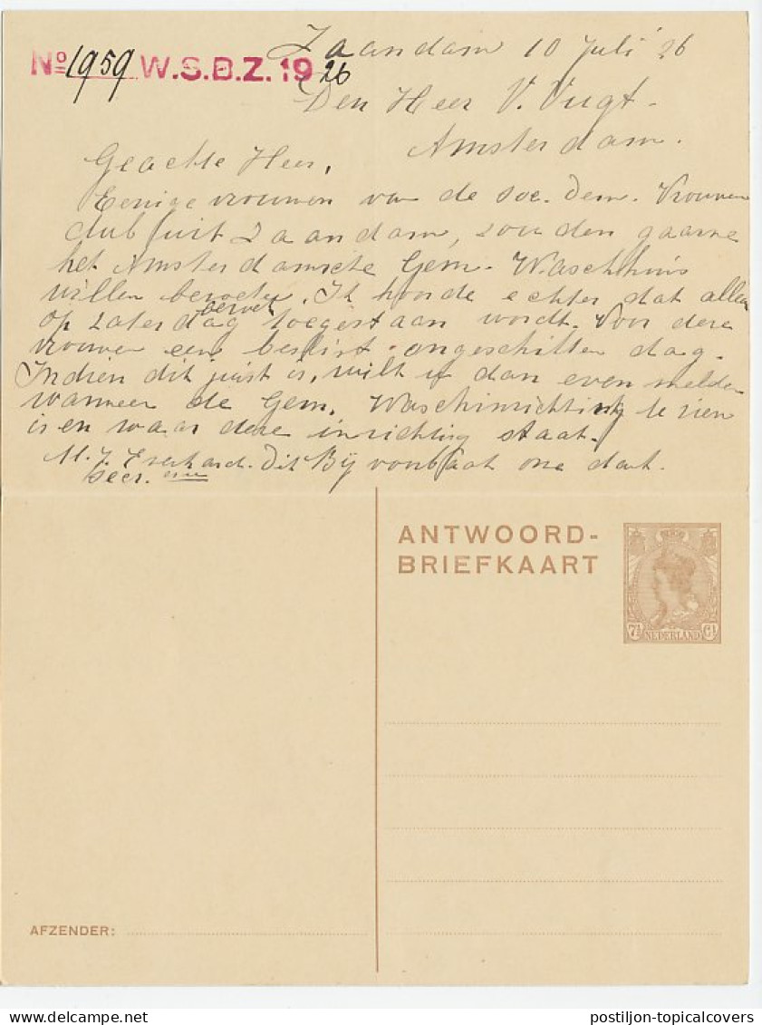 Briefkaart G. 205 Zaandam - Amsterdam 1926  - Ganzsachen