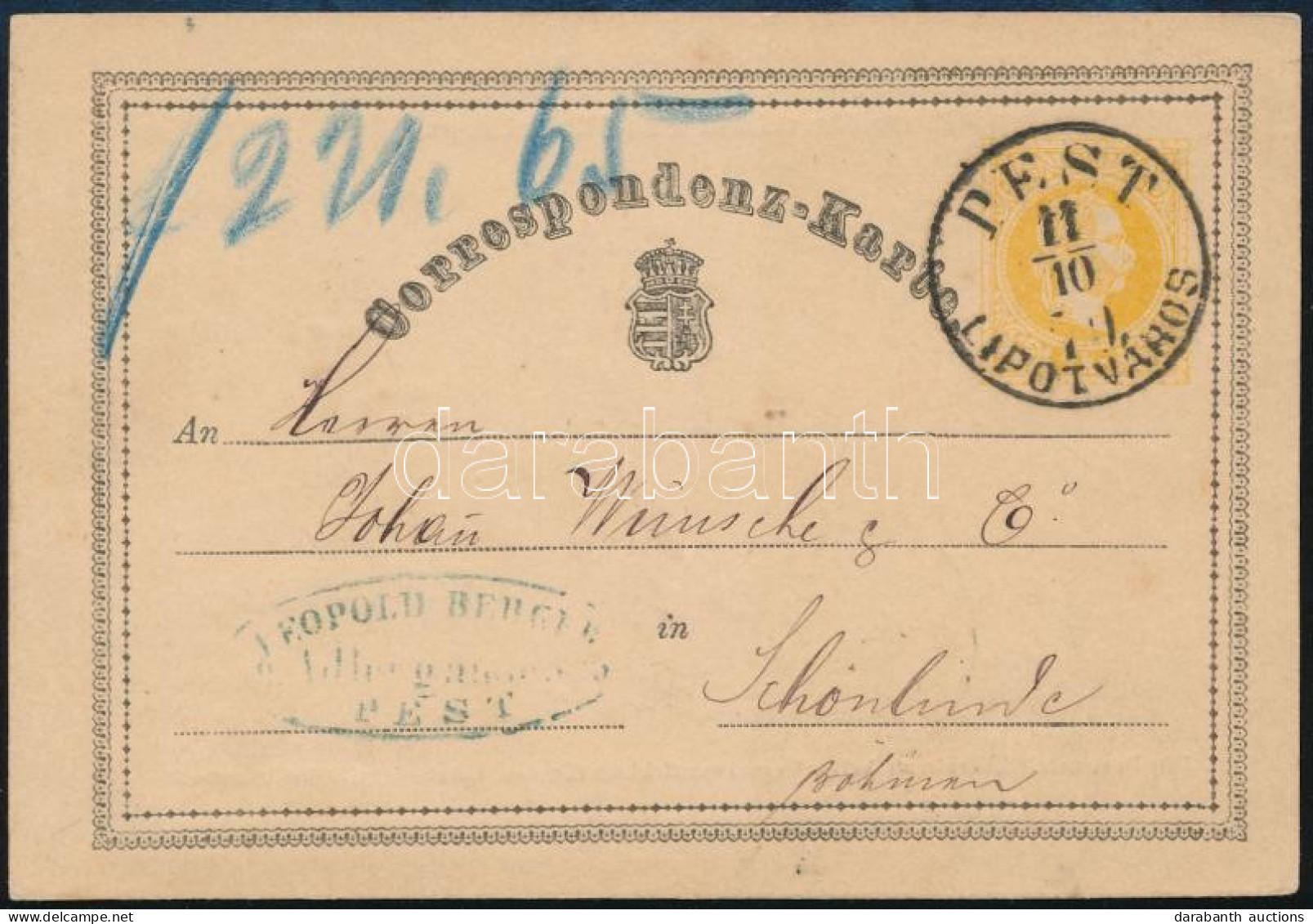 1870 2kr Díjjegyes Levelezőlap "PEST / LIPÓTVÁROS" (luxus Bélyegzés) - Sonstige & Ohne Zuordnung