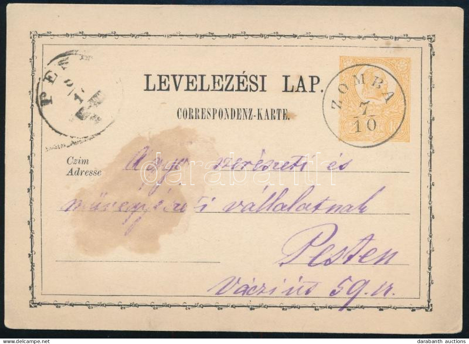 1872 2kr Díjjegyes Levelezőlap "ZOMBA" - Andere & Zonder Classificatie