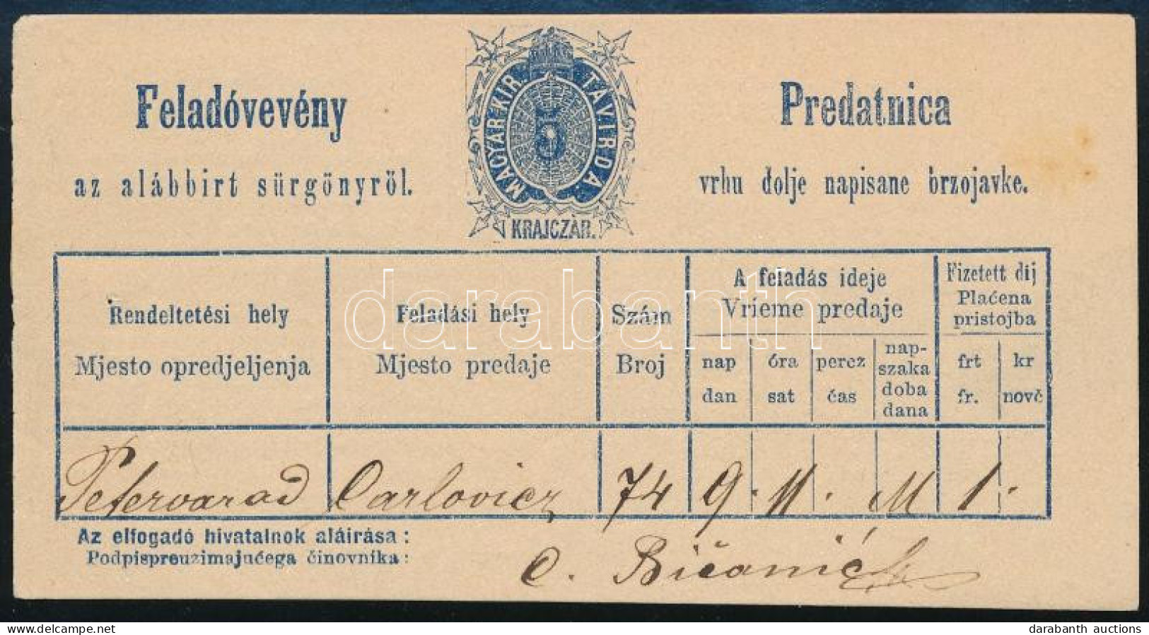 1873 Kétnyelvű Távirati Feladóvevény - Autres & Non Classés