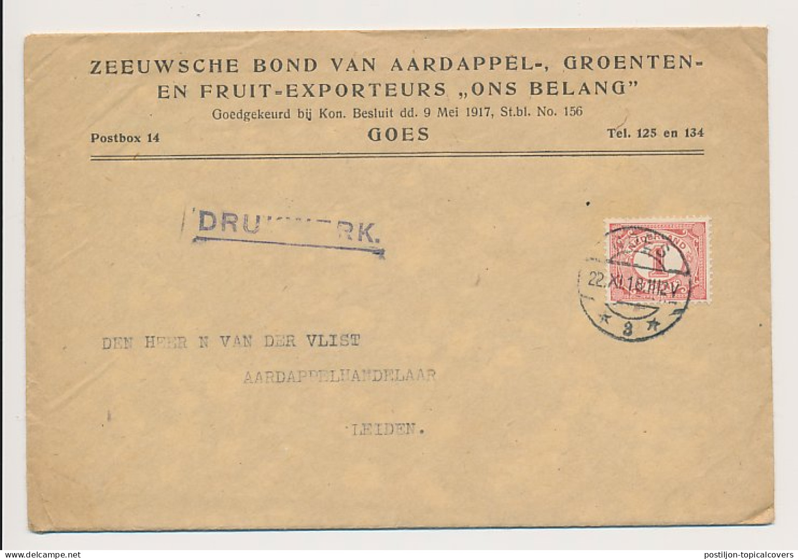 Firma Envelop Goes 1918 Zeeuwsche Bond Van Aardappel Fruit Etc. - Ohne Zuordnung