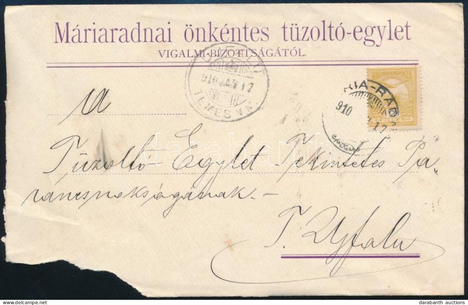 1910 Levél A Máriaradnai önkéntes Tüzoltó-egylettől "(MA)RIA-RADNA" - "UJFALU / TEMES VM." - Other & Unclassified