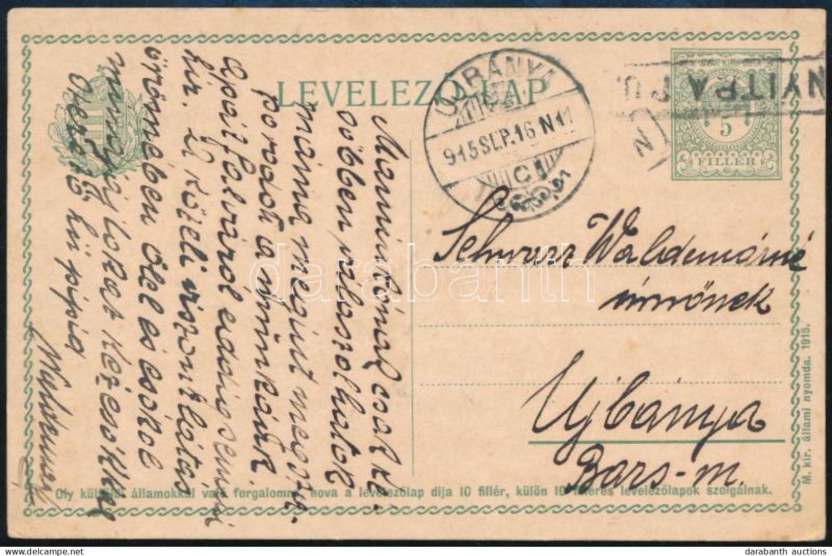 1915 5f Díjjegyes Levelezőlap "NYITRA P.U." - "ÚJBÁNYA" - Sonstige & Ohne Zuordnung