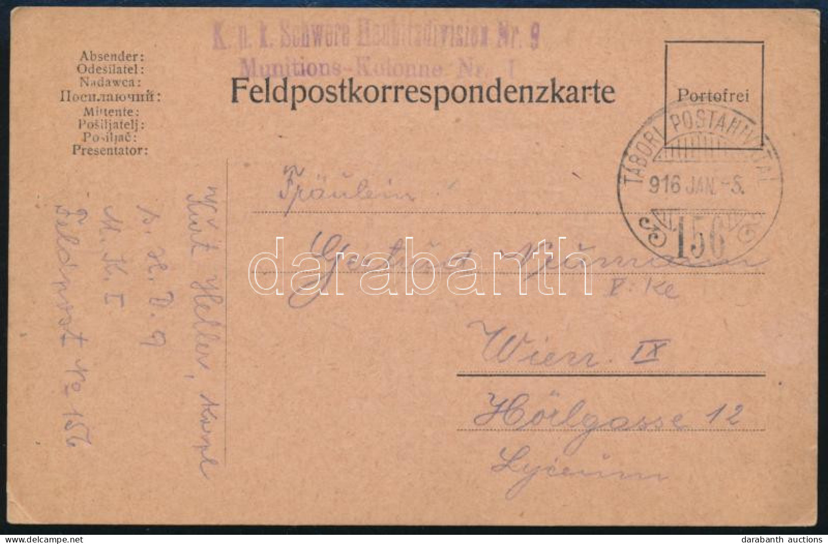 1916 Tábori Posta Levelezőlap / Field Postcard "K.u.k. Schwere Haubitzdivision Nr.9. Munitions-Kolonne Nr.1." + "TP 156" - Otros & Sin Clasificación