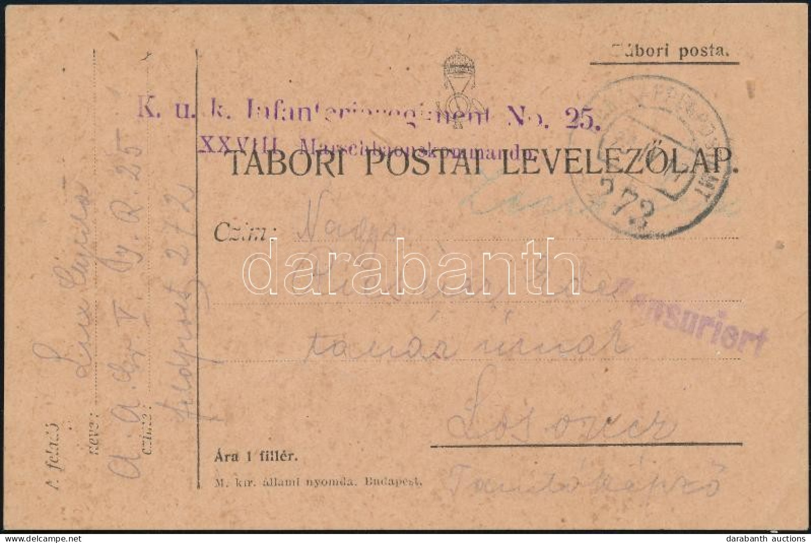 1917 Tábori Posta Levelezőlap "K.u.K. Infanterieregiment No.25." + "EP 273" - Otros & Sin Clasificación