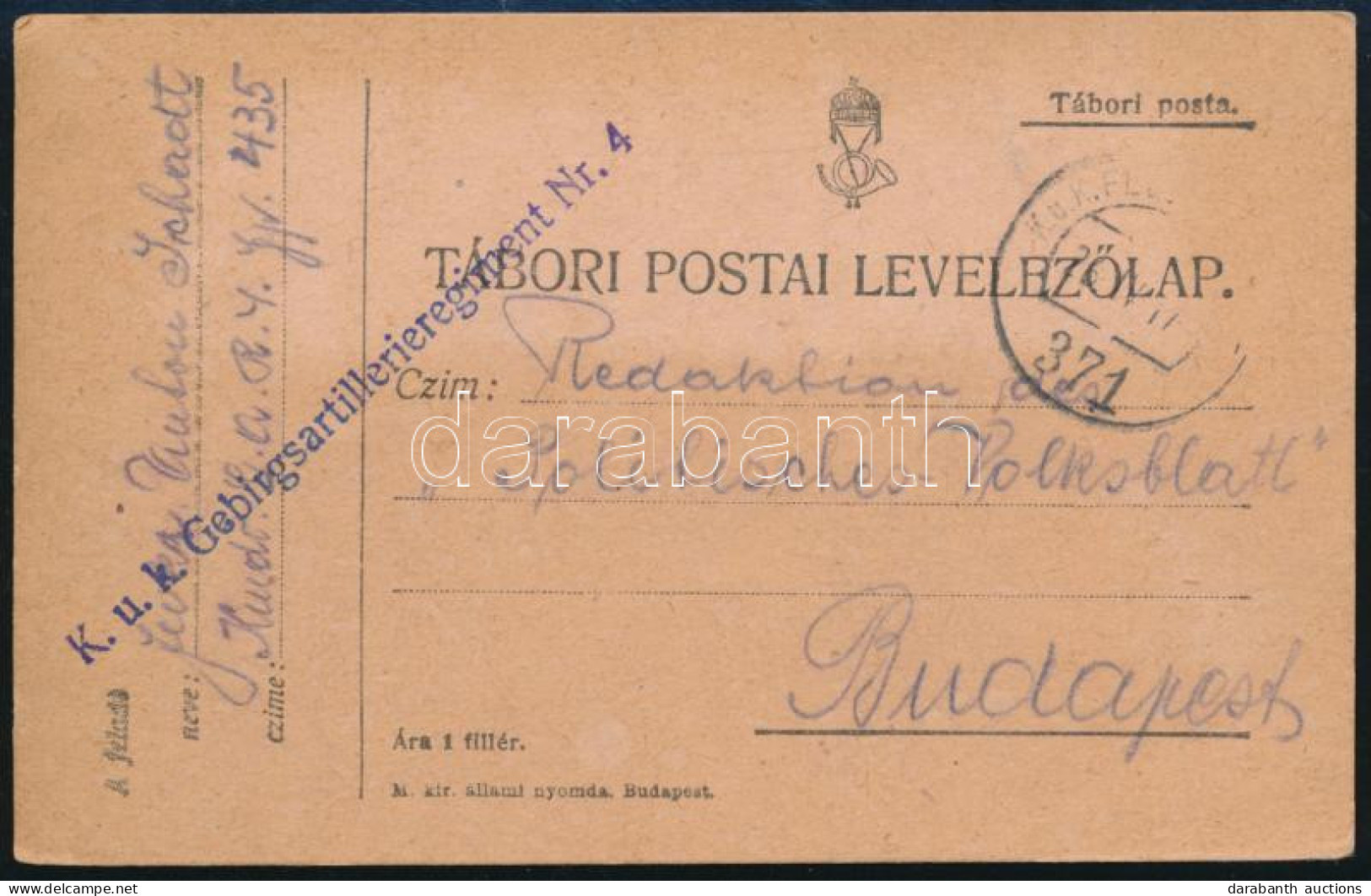 1917 Tábori Posta Levelezőlap / Field Postcard "Gebirgsartillerieregiment Nr.4." + "FP 371" - Otros & Sin Clasificación
