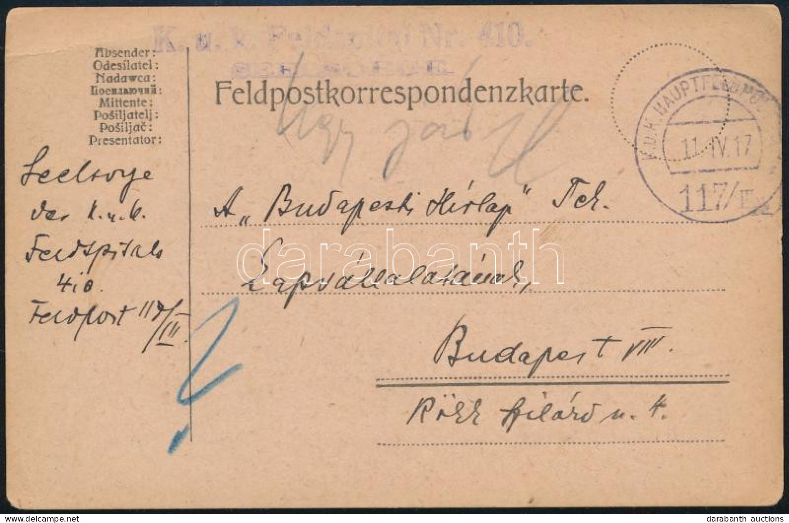 1917 Tábori Posta Levelezőlap "K.u.K. FELDSPITAL Nr. 410." + "HP 117/III" - Sonstige & Ohne Zuordnung