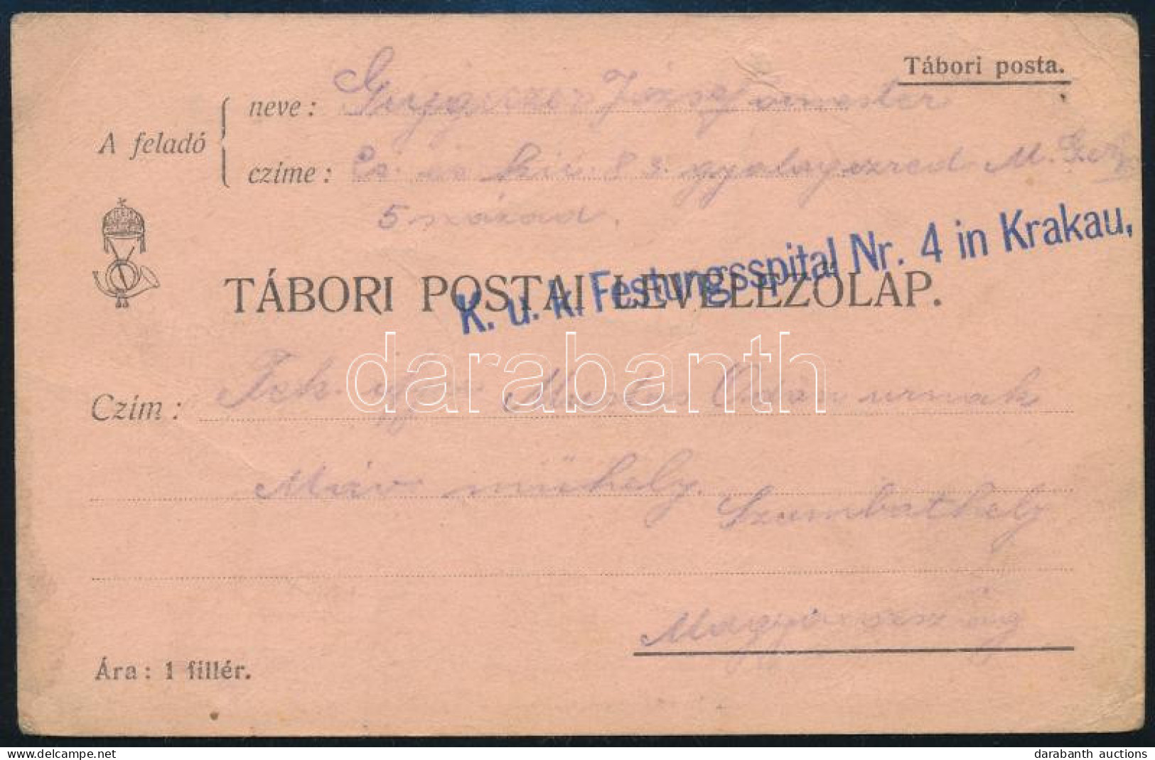~1917 Tábori Posta Levelezőlap "K.u.k. Festungsspital Nr. 4. In Krakau" - Autres & Non Classés