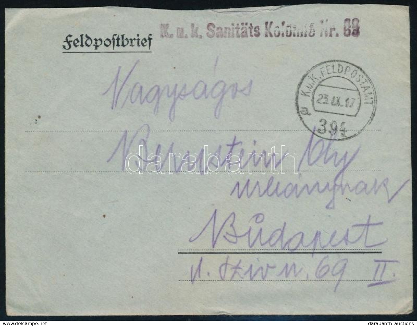 1917 Tábori Posta Levél "K.u.k. Sanitäts Kolonne Nr. 63." + "FP 394 A" - Autres & Non Classés