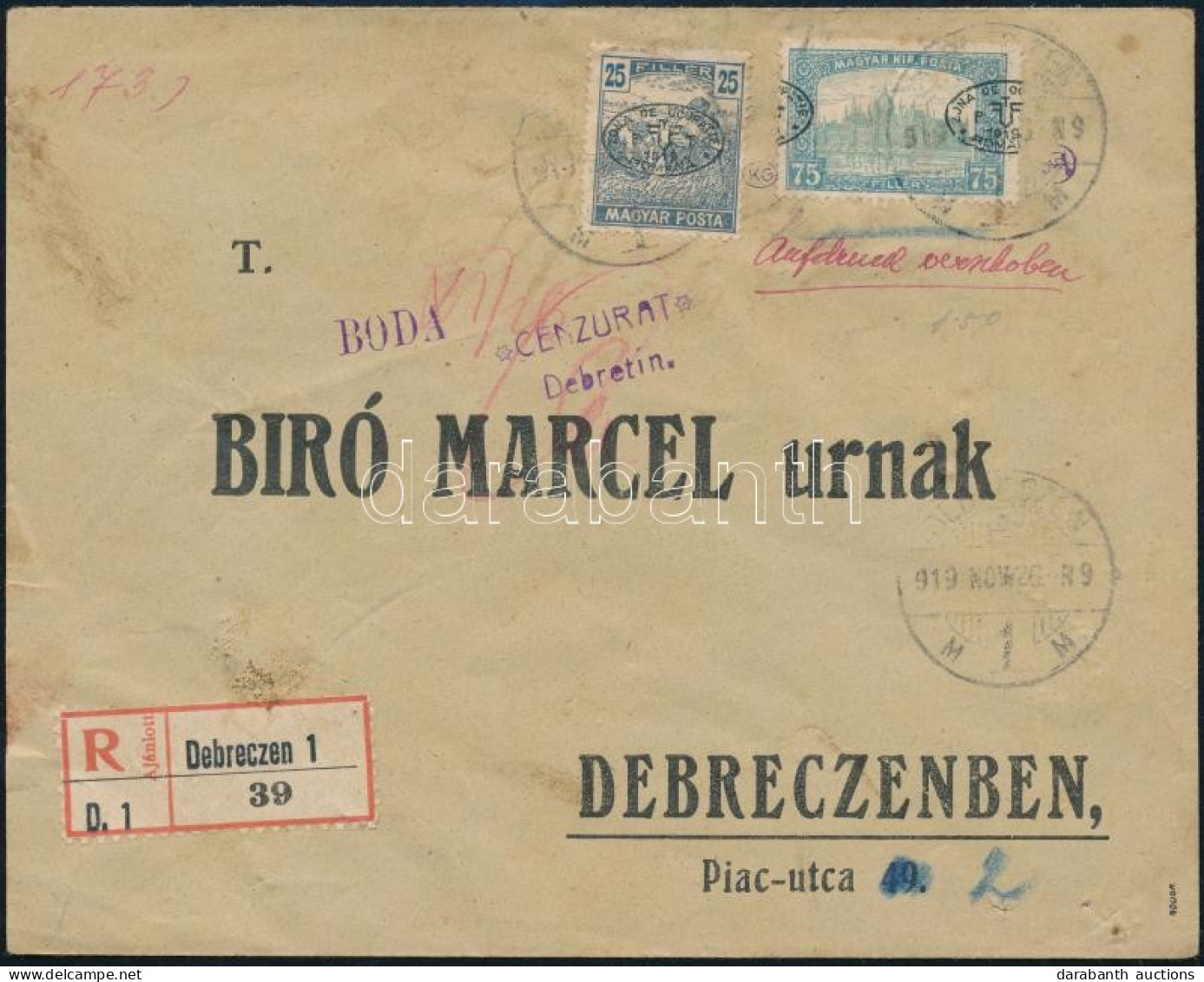 1919 Debrecen Helyi Ajánlott Levél, Parlament 75f Elcsúszott Felülnyomással / Local Registered Cover. Signed: Bodor - Otros & Sin Clasificación