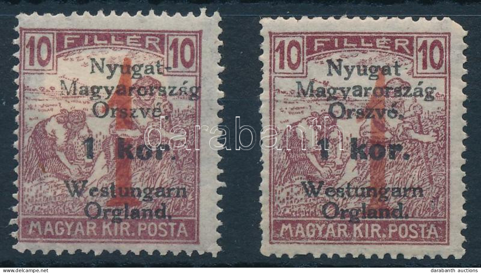 * Nyugat-Magyarország VI. 1921 1K/10f Törött 1-es Tévnyomattal, Bodor Vizsgálójellel + Támpéldány - Andere & Zonder Classificatie