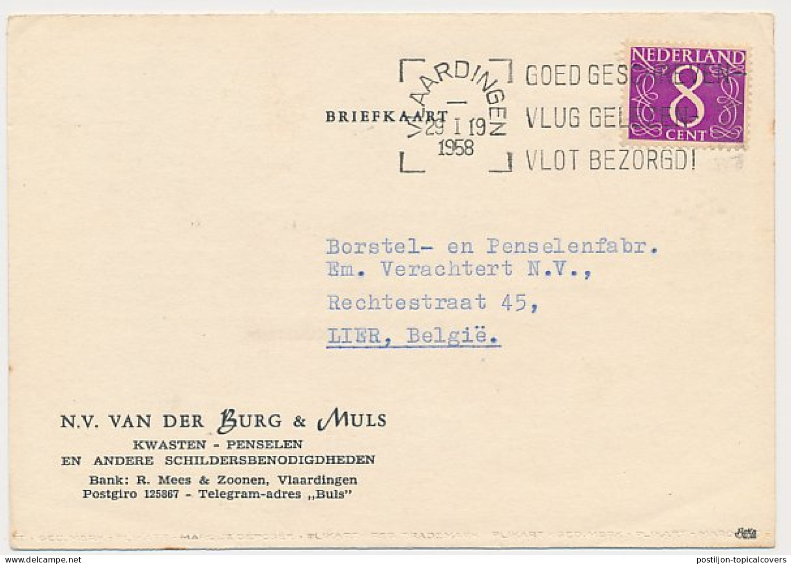 Firma Briefkaart Vlaardingen 1958 - Kwasten - Penselen - Ohne Zuordnung