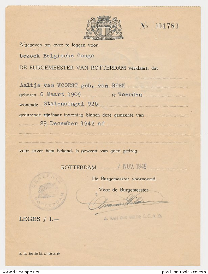Gemeente Leges F 1.- Rotterdam 1949 / 10 F Belgie - Fiscales