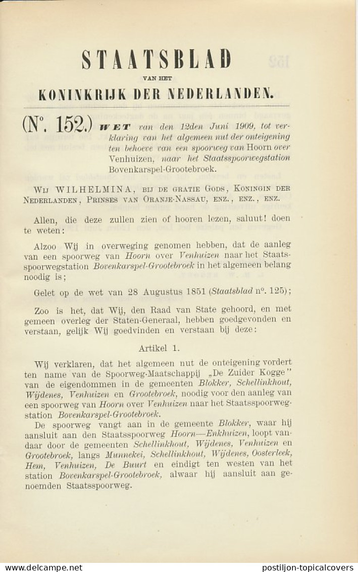 Staatsblad 1909 : Spoorlijn Hoorn - Venhuizen - Bovenkarspel - Historische Dokumente