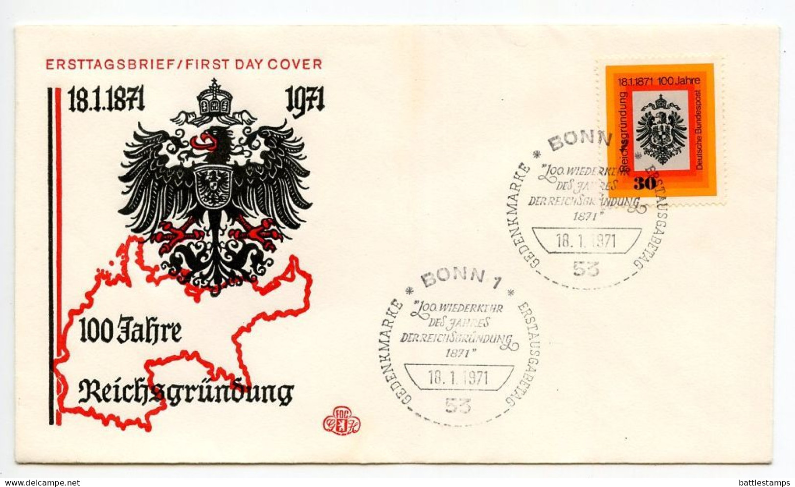 Germany, West 1971 FDC Scott 1052 German Empire Centenary / Imperial Eagle - 1971-1980