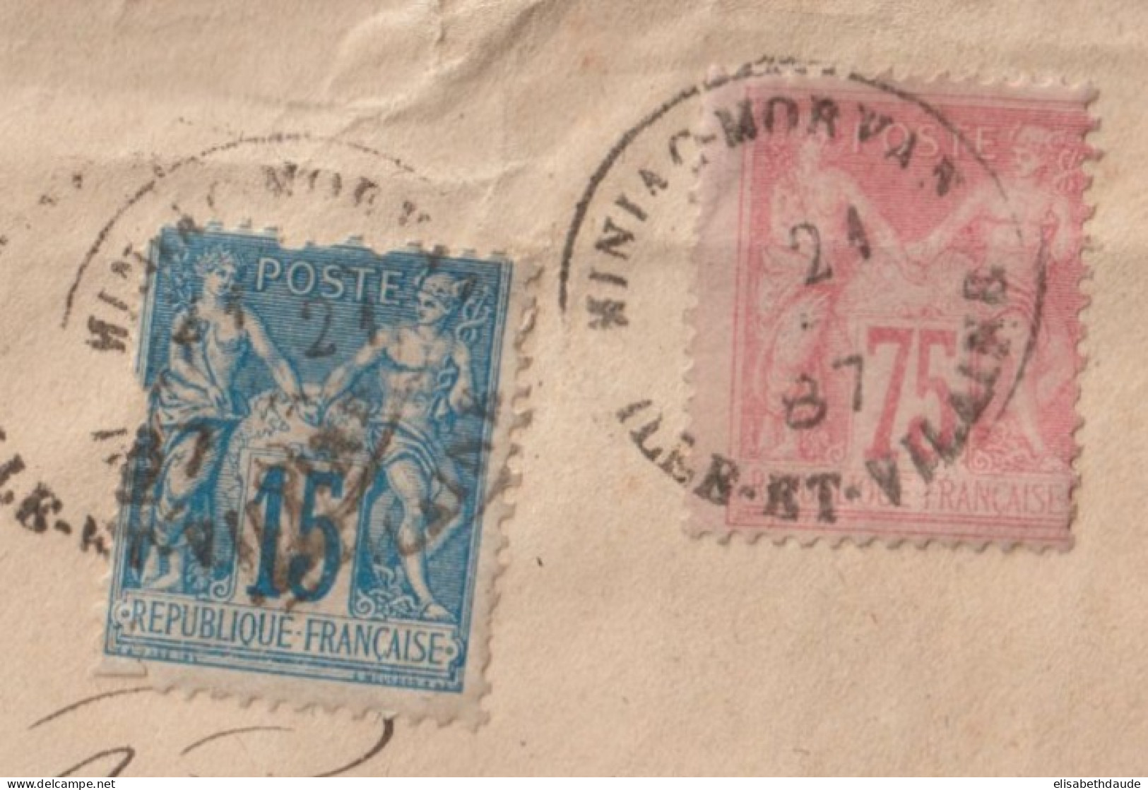 1887 - SAGE - TARIF 90c ! RARE 75c YVERT N°81 Sur ENVELOPPE De MINIAC-MORVAN (ILLE ET VILAINE) => MONTECH LOT ET GARONNE - 1876-1898 Sage (Type II)