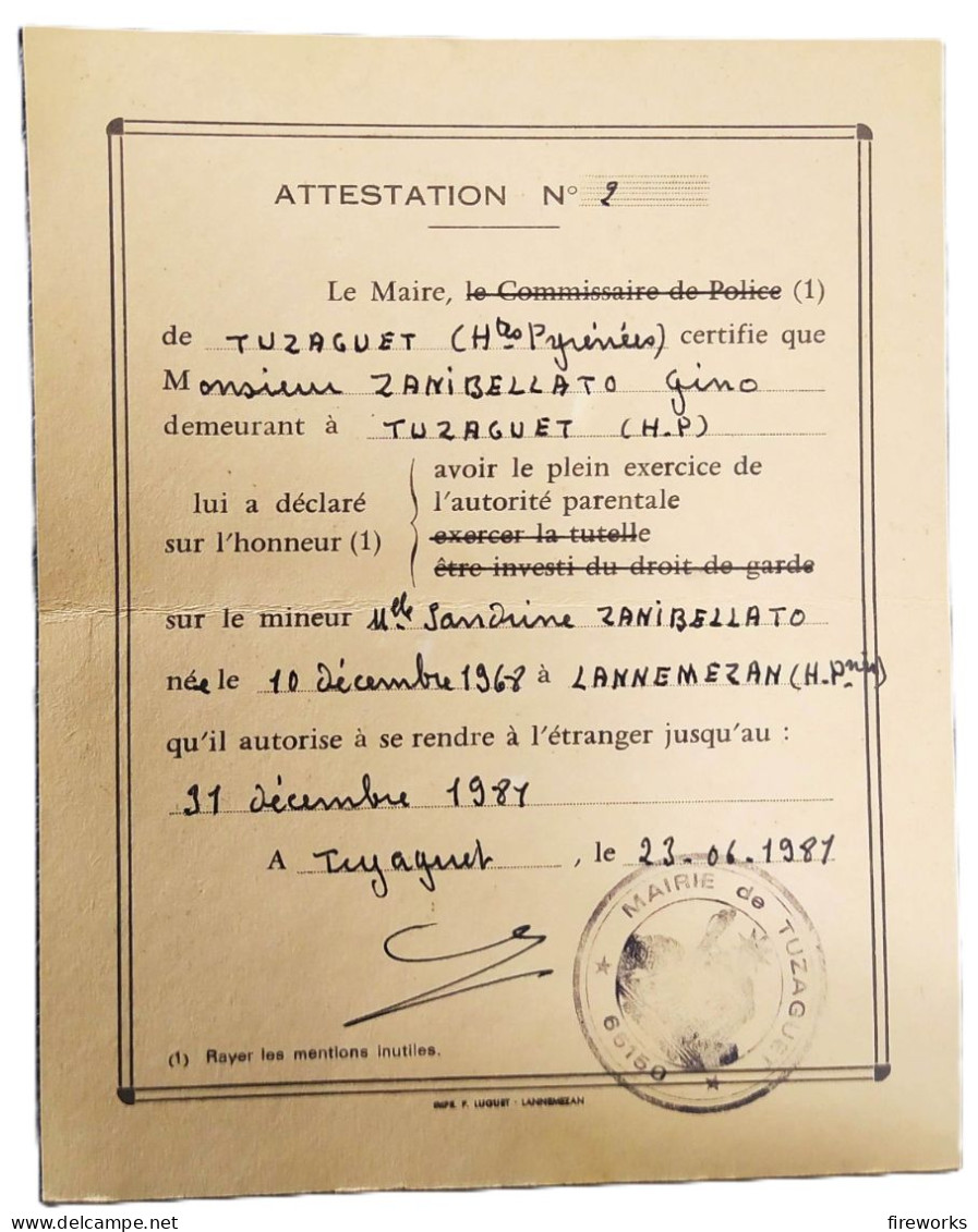 1981 - Carte D' Autorisation De Sortie Du Territoire Métropolitain Pour Un Mineur - FRANCE - Unclassified