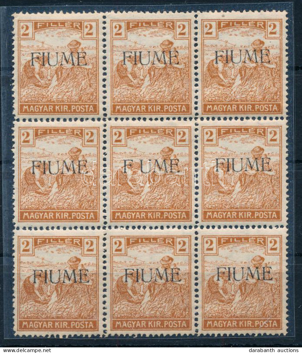 ** Fiume 1919 Arató 2f 9-es Tömb, Benne FUME Felülnyomással / Mi 8 Block Of 9, 1 Stamp With FUME Overprint. Signed: Bodo - Andere & Zonder Classificatie