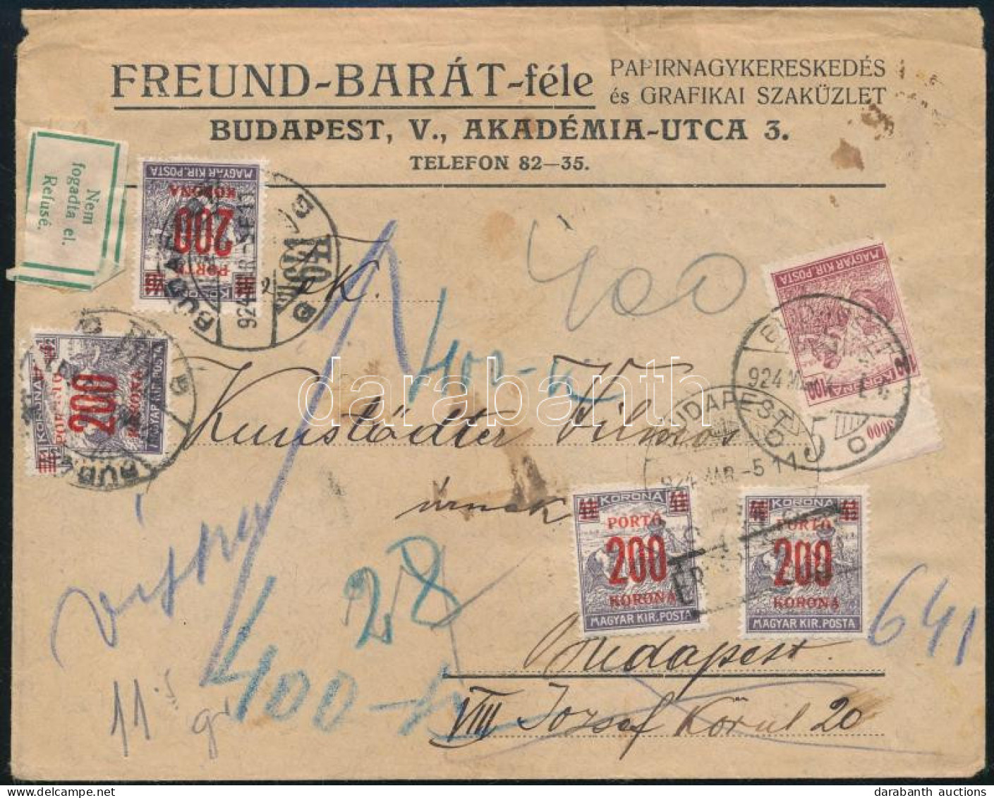 1924 Budapest Helyi Levél 100K Bérmentesítéssel, Majd 800K Portóval, Visszaküldve "Nem Fogadta El." - Otros & Sin Clasificación