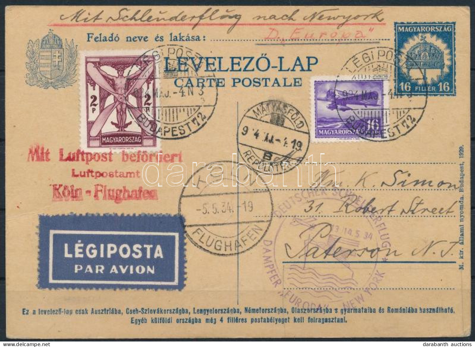 1934 Katapult Levél 2,32P Bérmentesítéssel Budapestről A Dampfer Europa Hajóval Az Egyesült Államokba. Rendkívül Ritka!  - Other & Unclassified