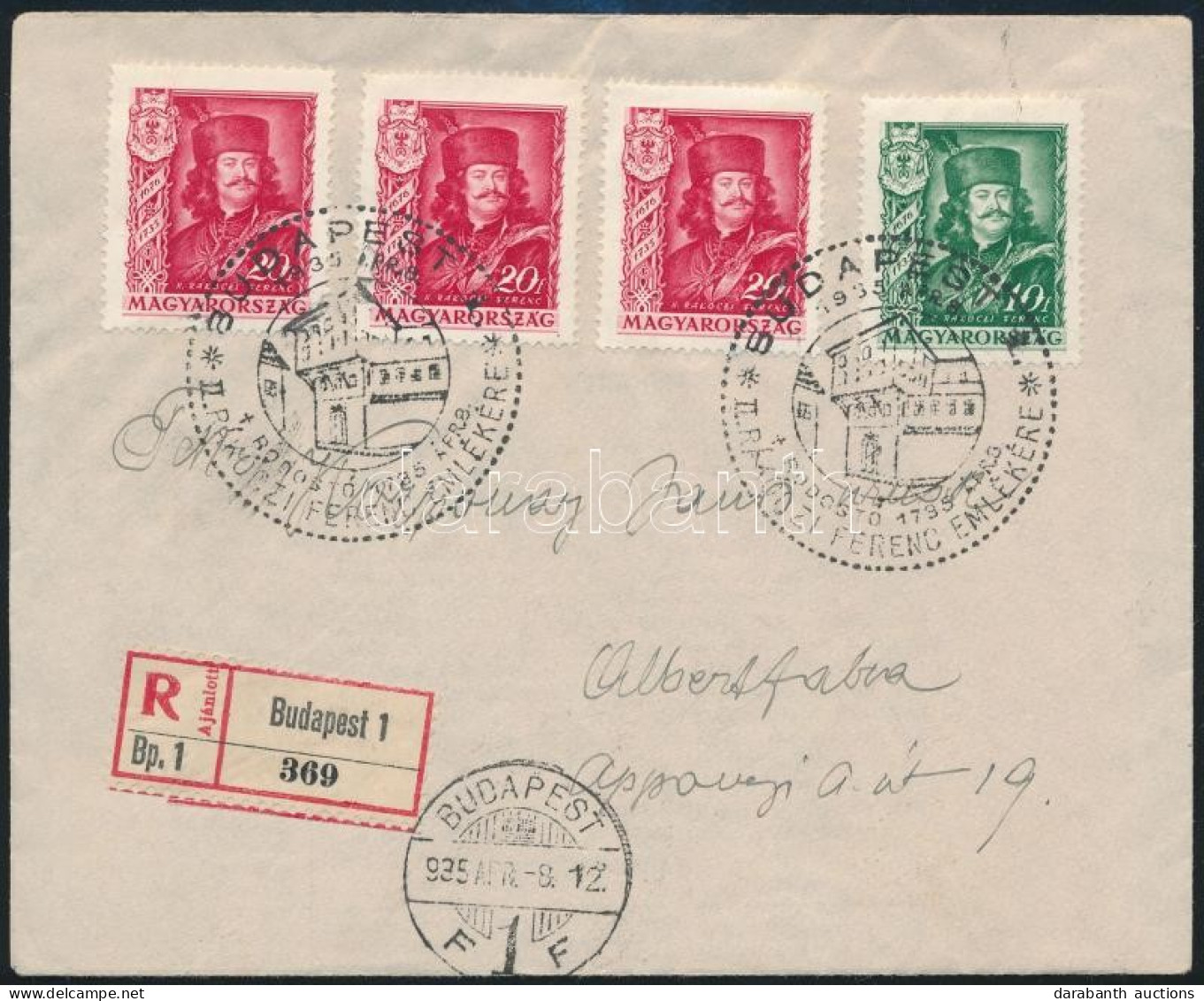 1935 Ajánlott Levél II. Rákóczi Ferenc 10f + 3 X 20f Bérmentesítéssel, Alkalmi Bélyegzéssel "BUDAPEST" - Albertfalva - Other & Unclassified