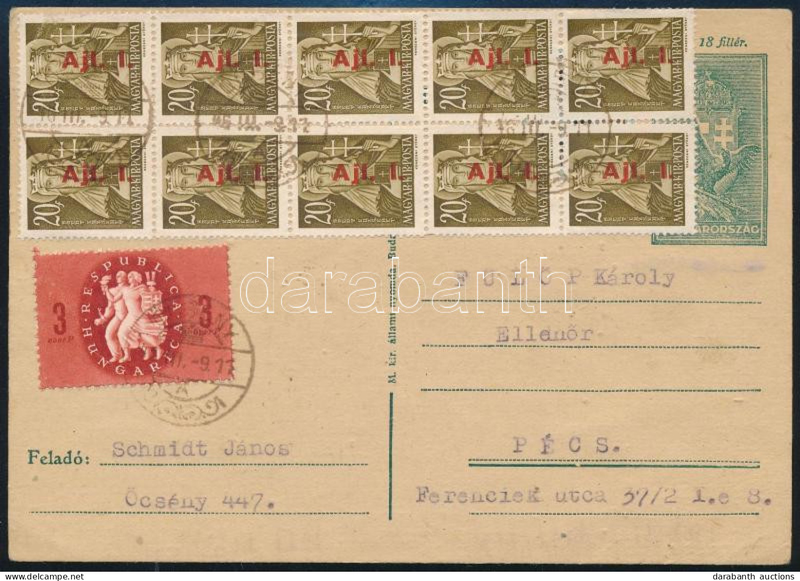 1946 (8. Díjszabás) Díjjegyes Levelezőlap 11 Bélyeggel Kiegészítve - Sonstige & Ohne Zuordnung