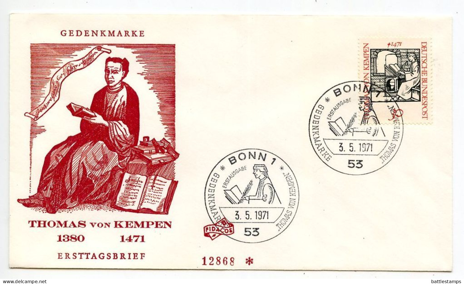 Germany, West 1971 FDC Scott 1066 Augustinian Monk Thomas Von Kempen, Author Of "The Imitation Of Christ" - 1971-1980