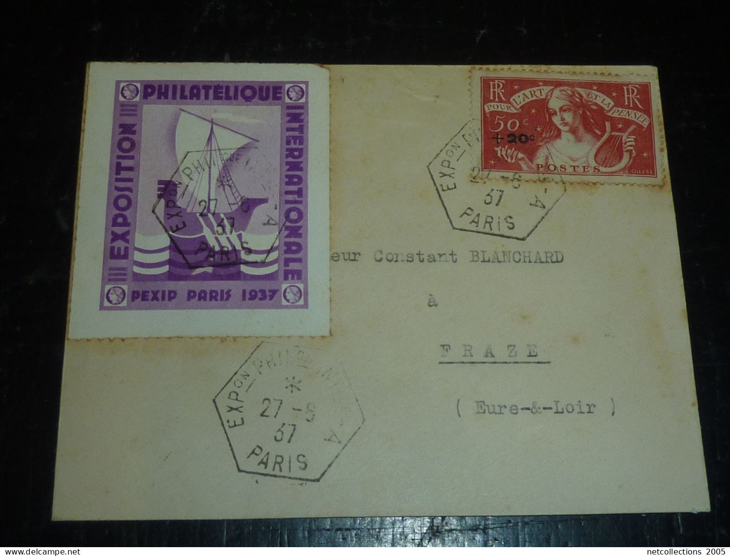 EXPOSITION PHILATELIQUE PEXIP PARIS 1937 - CACHET HEXAGONAL + TIMBRE N°329 + VIGNETTE (20/09) - Briefmarkenmessen