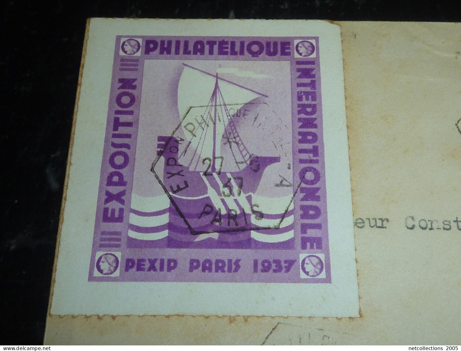 EXPOSITION PHILATELIQUE PEXIP PARIS 1937 - CACHET HEXAGONAL + TIMBRE N°329 + VIGNETTE (20/09) - Expositions Philatéliques