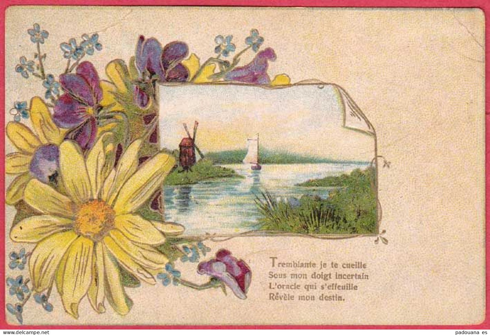 AB722 FANTAISIES FLEURS MARGUERITES MOULIN BATEAU CARTE GAUFREE - - Personnages