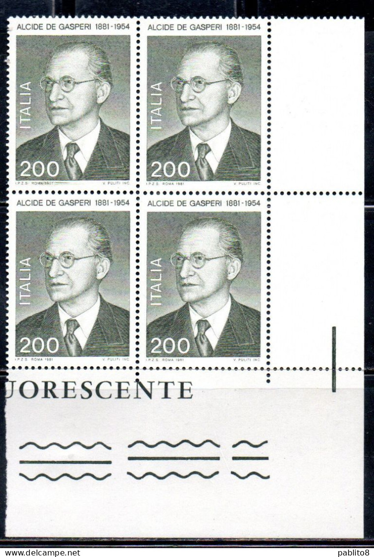 ITALIA REPUBBLICA ITALY REPUBLIC 1981 ALCIDE DE GASPERI QUARTINA ANGOLO DI FOGLIO BLOCK MNH - 1981-90:  Nuovi