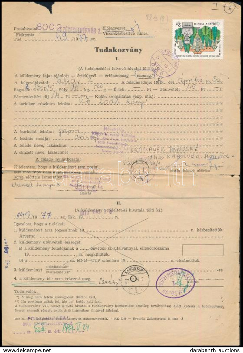 1977 2 Db Tudakozvány Egy Ajánlott Levélről és Egy Csomag Után - Otros & Sin Clasificación