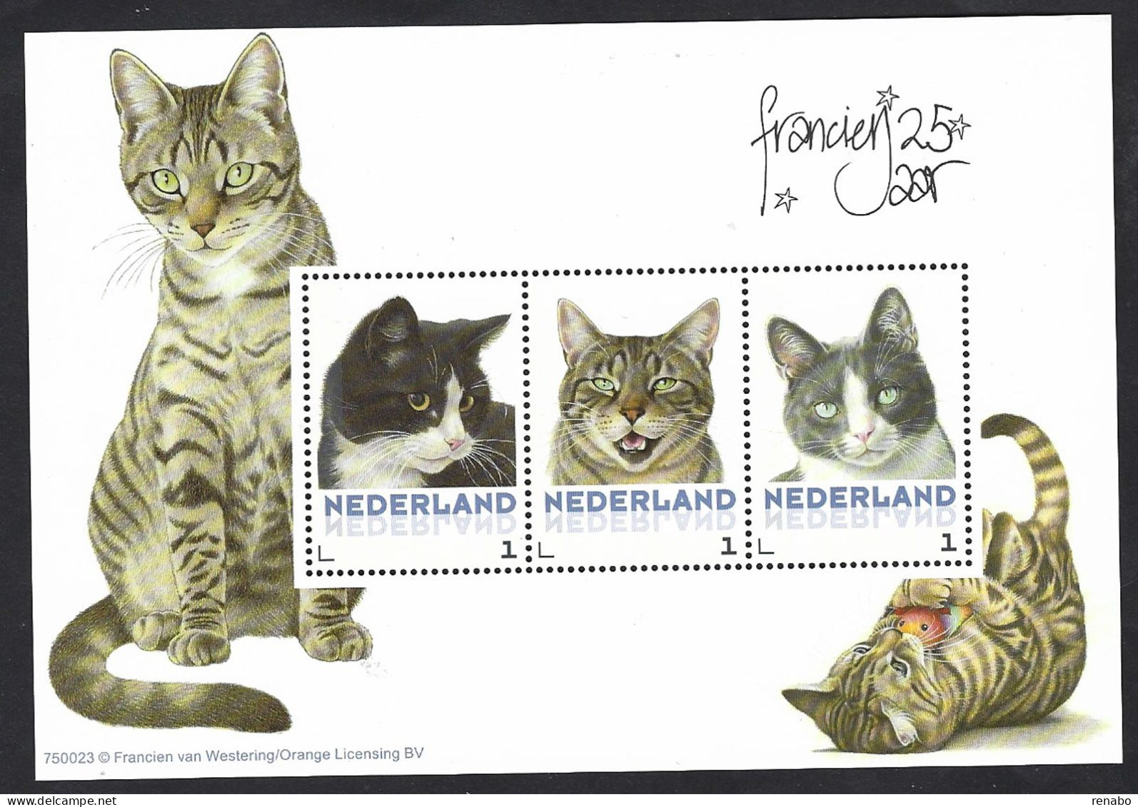 Pays-Bas, Nederland, Netherlands 2015; 25 Years Francien: Minisheet Of 3v; CATS, Personalized + 3 Postcards With Cat - Gatos Domésticos