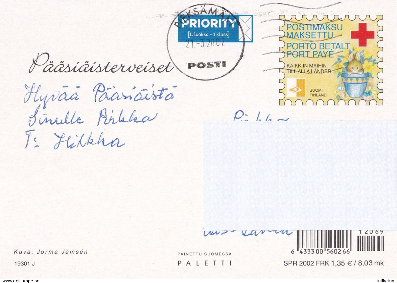 Postal Stationery - Easter Flowers - Tulips - Willows - Eggs - Red Cross 2003 - Suomi Finland - Postage Paid - Postal Stationery
